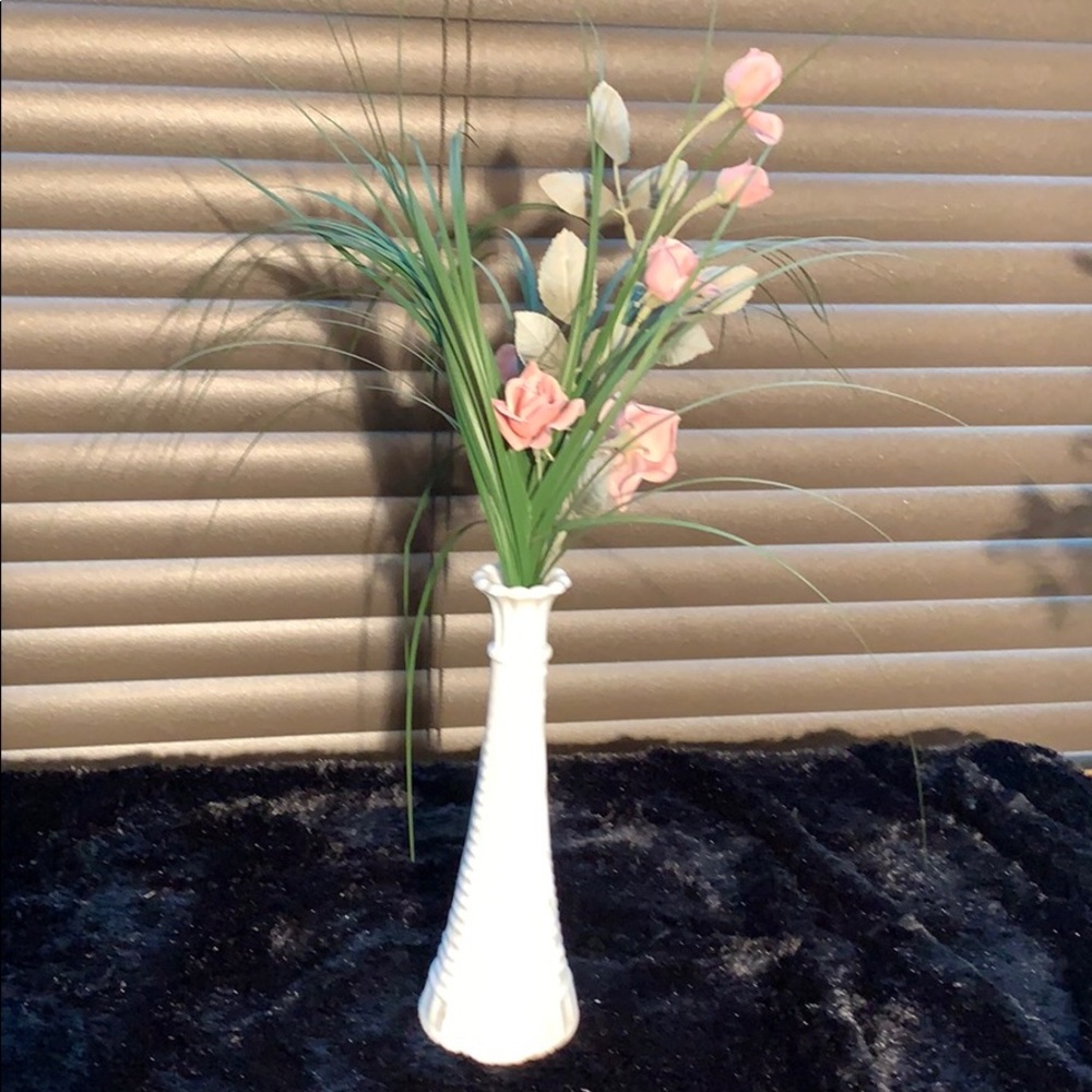 Vintage Milkglass Vase with Silk Pink Roses & Greenery